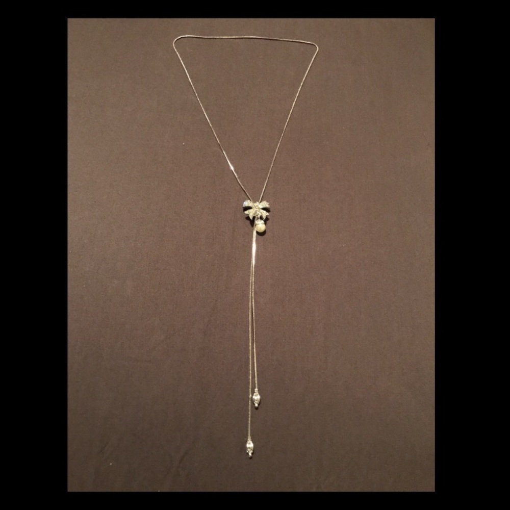 Long Silver Lariat Adjustable Bow Necklace